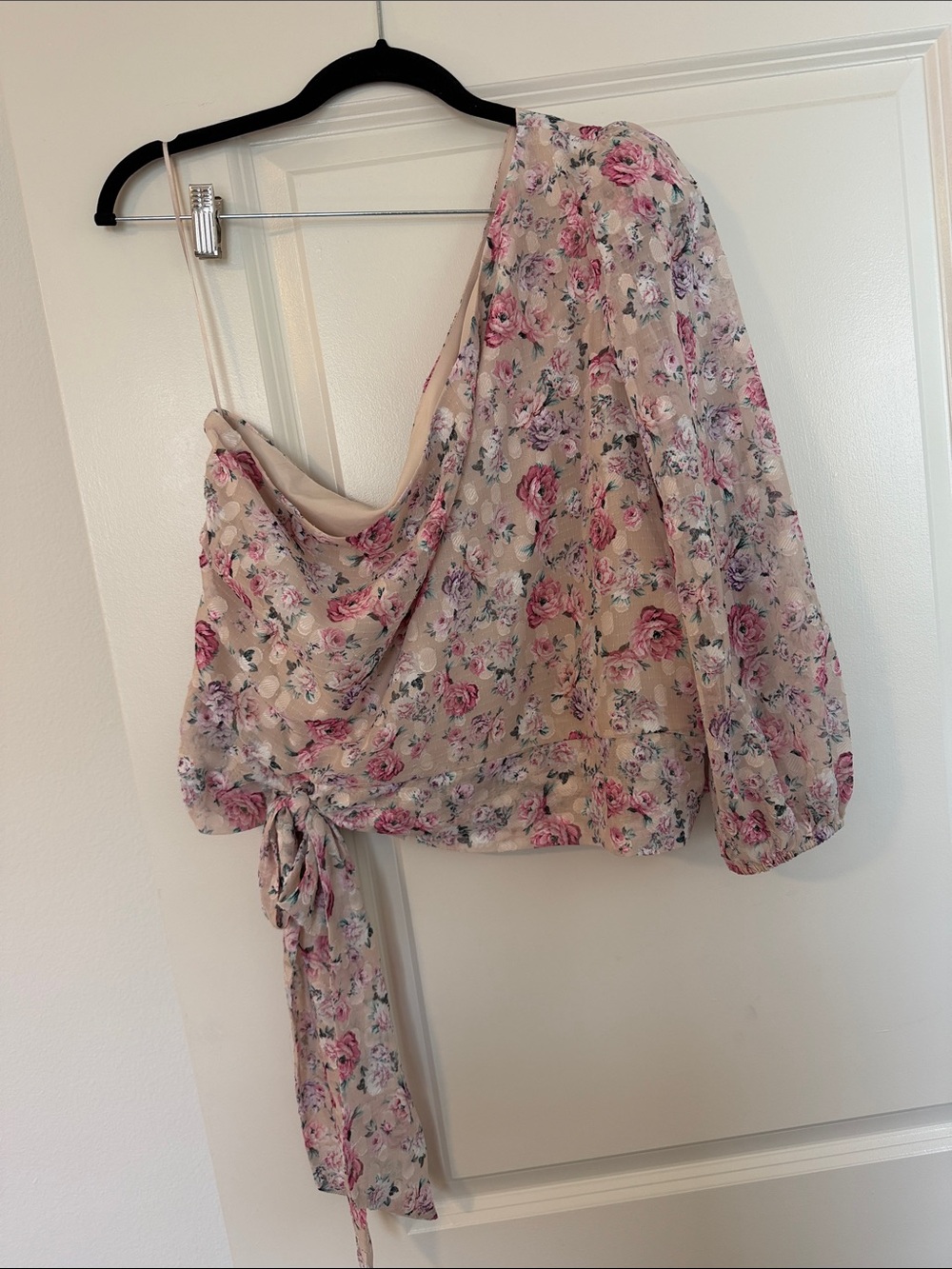 Express One-Shoulder Pink Floral Wrap Blouse